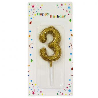 Купить Свеча-цифра в торт «3» золотая с глиттером 6 см оптом